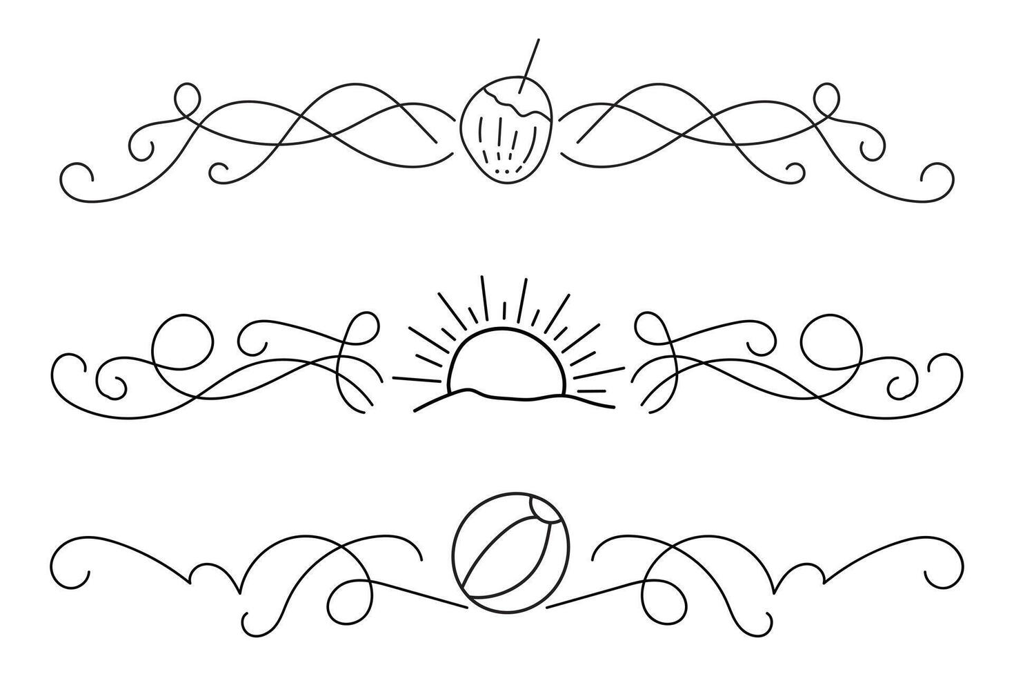 Fancy Lines summer flourish Elegant dividers, hand drawn sunset and sunrise tropical beach ornate text divider, beach vibes Thin line calligraphy page separator decorative element vector