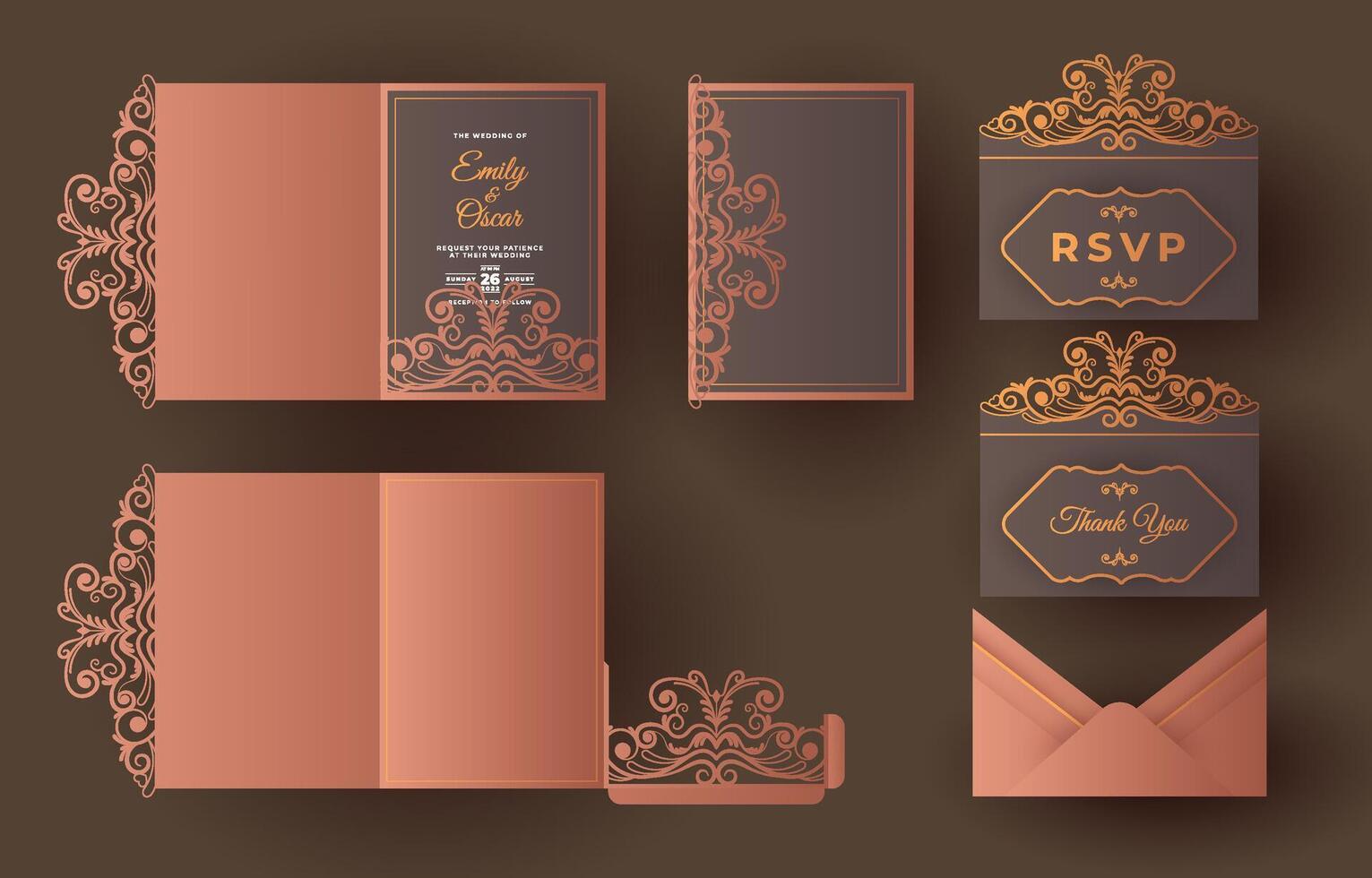 Wedding invitation template with square gate pleats and laser cutting. Design for laser cutting or die cutting templates. Ornate wedding invitation mockup. vector