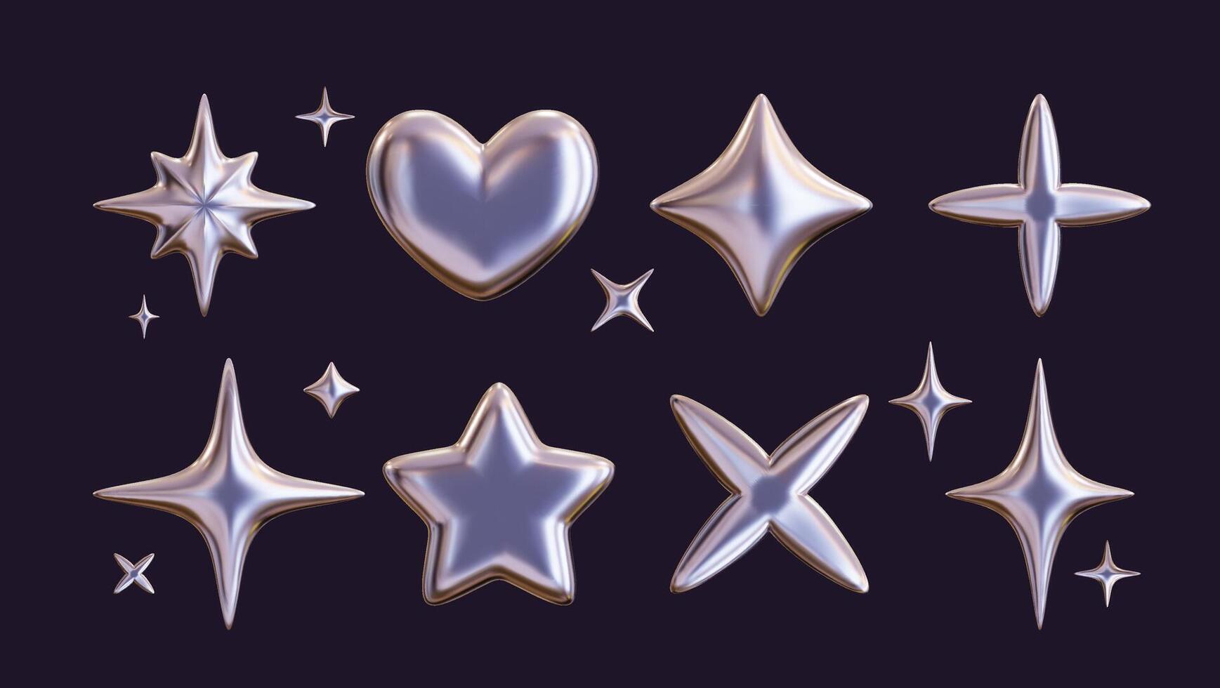 Set of 3D shapes in chrome, including a silver liquid star and a glossy heart sticker in a futuristic metal style. 3D chrome art at its finest. vector