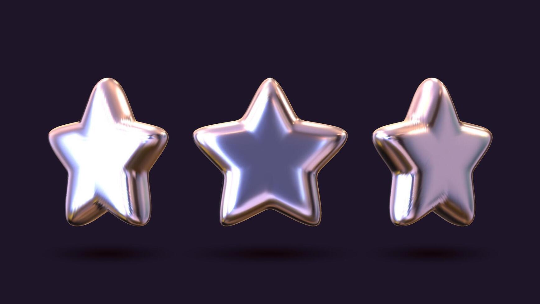 Chrome stars in diverse shapes. Collection of metallic elements with a retro futuristic style. vector