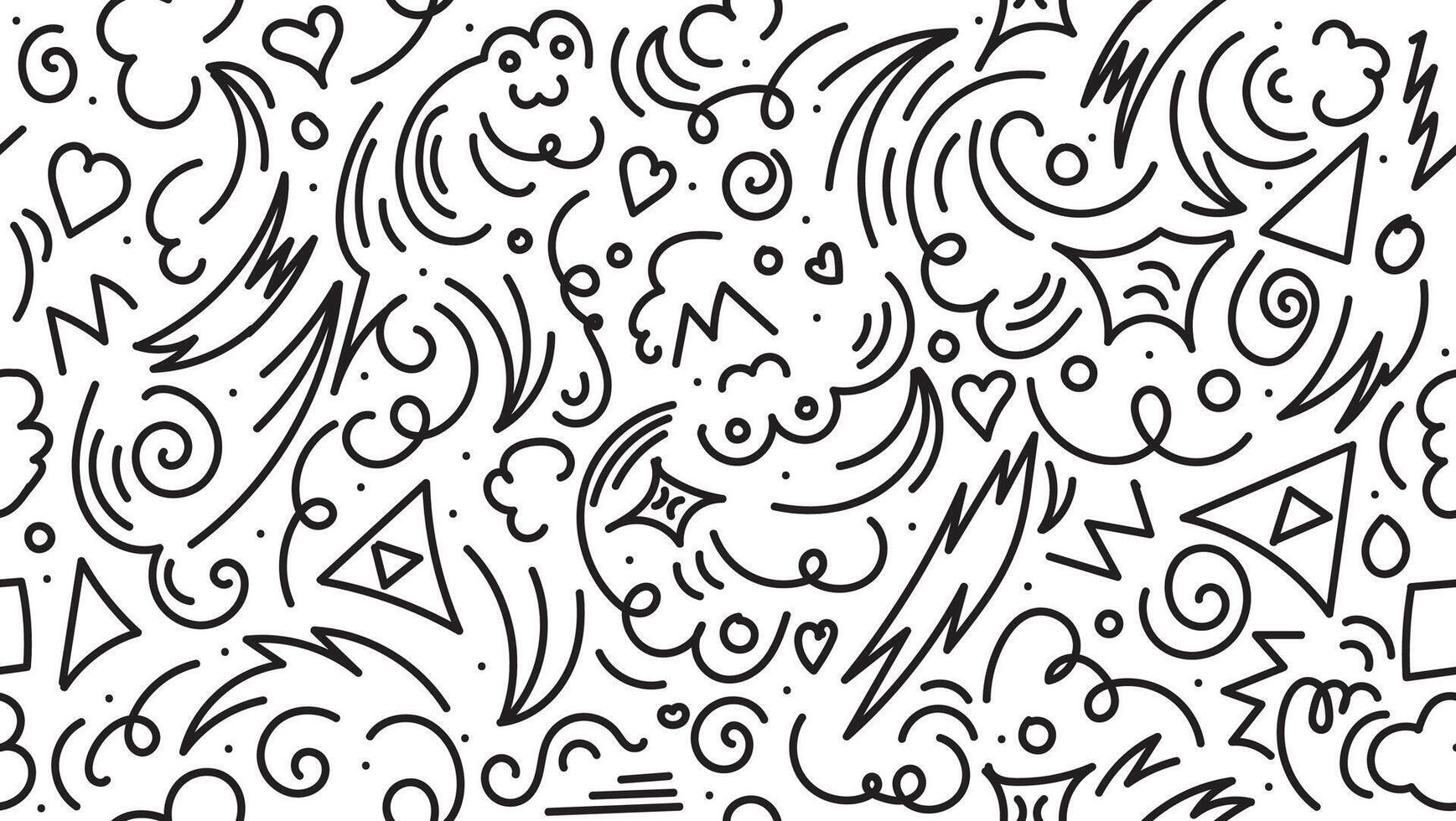 Playful black line doodle seamless pattern. Minimalist and creative art background suitable for children or trendy designs with basic shapes. A simple and whimsical scribble backdrop. vector