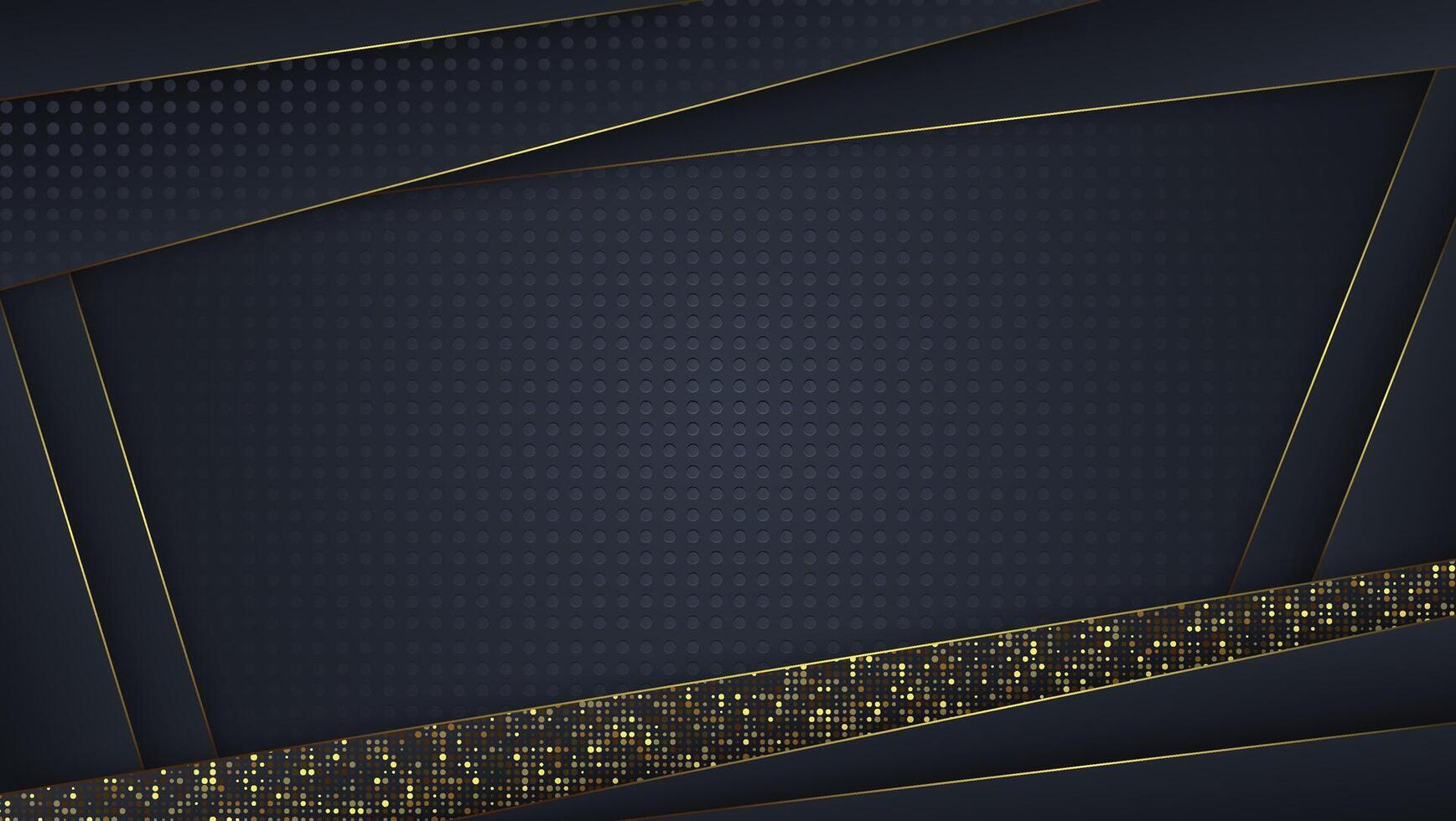 Abstract 3d background with black paper layers. Geometric illustration of carbon sliced shapes textured with golden glittering dots. vector