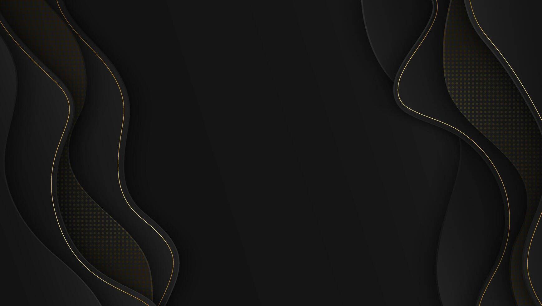 Black paper cut background. Abstract realistic papercut decoration textured with wavy layers and golden line. vector