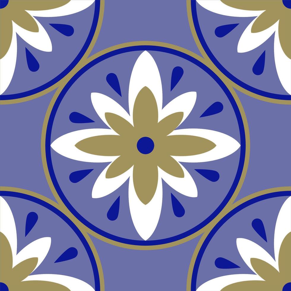 geometric shapes, gold and white color flowers on blue background vector