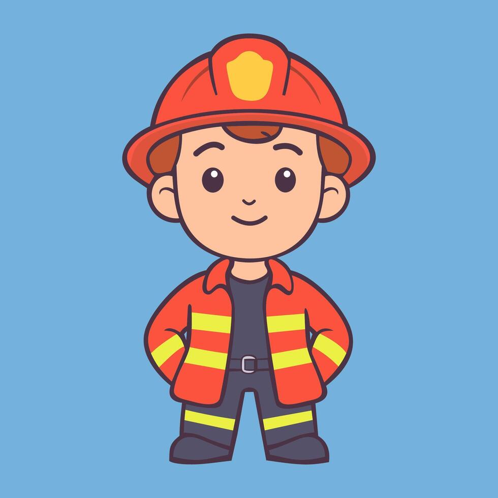 cute fireman character standing with happy pose cartoon icon illustration vector