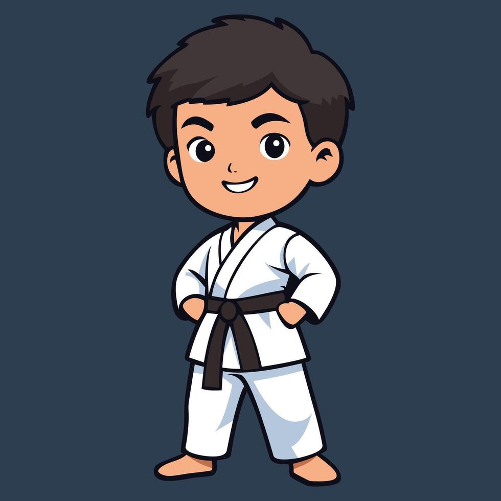 Cute little kid karate standing with smiling pose cartoon icon illustration vector