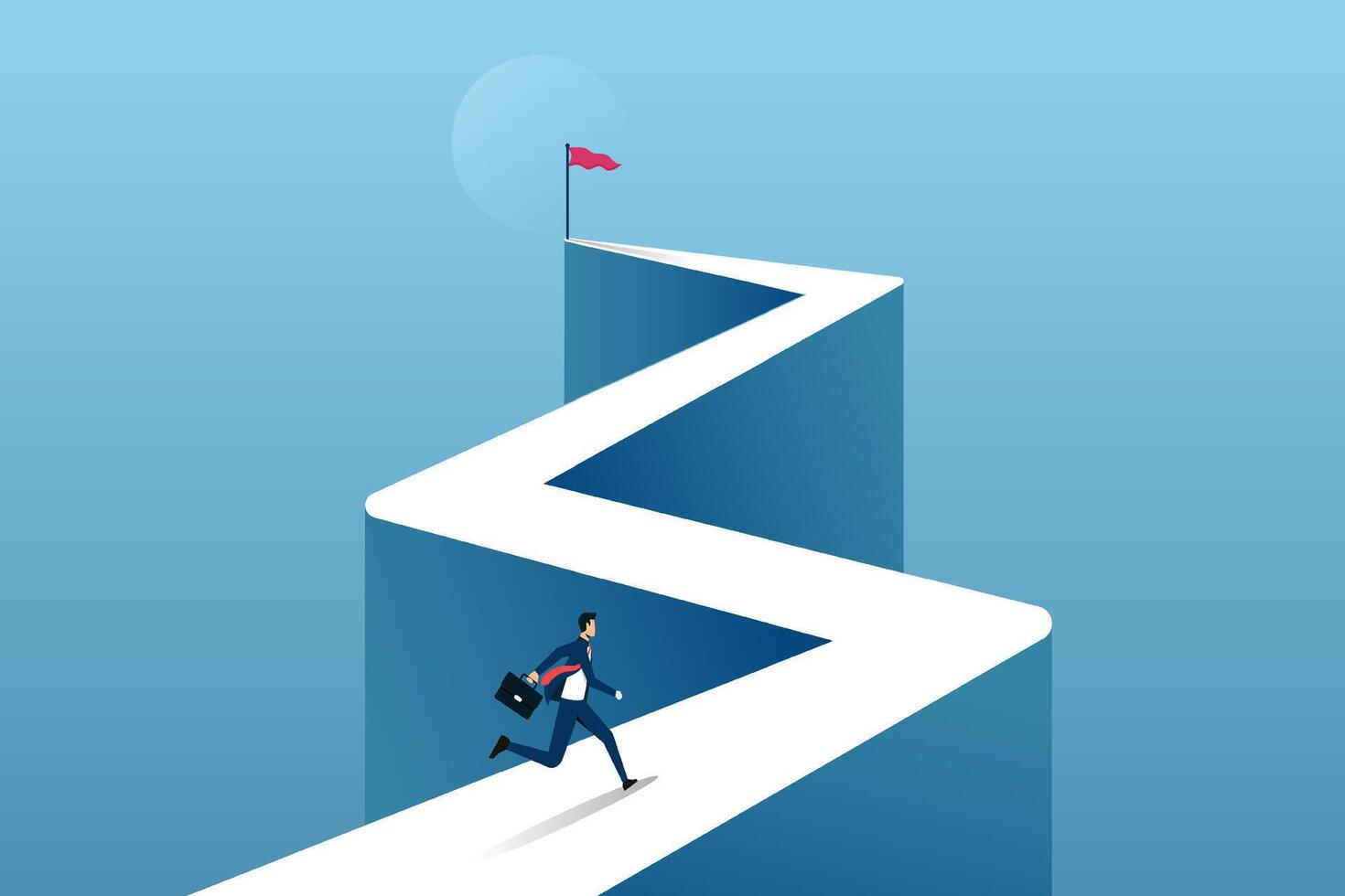 Businessman running to the flag on top of the mountain. Symbol of determination to achieve goal for success. vector