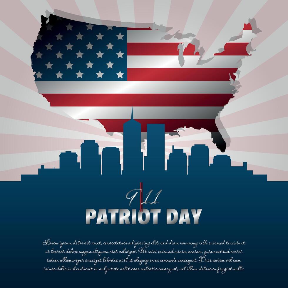 Patriot Day with city silhouette in front of american flag in the shape of american territories vector