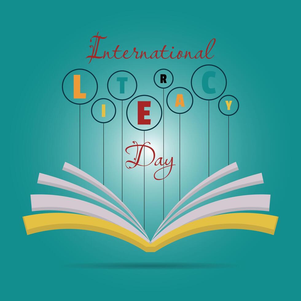 International Literacy Day poster with letters coming out of an open book vector