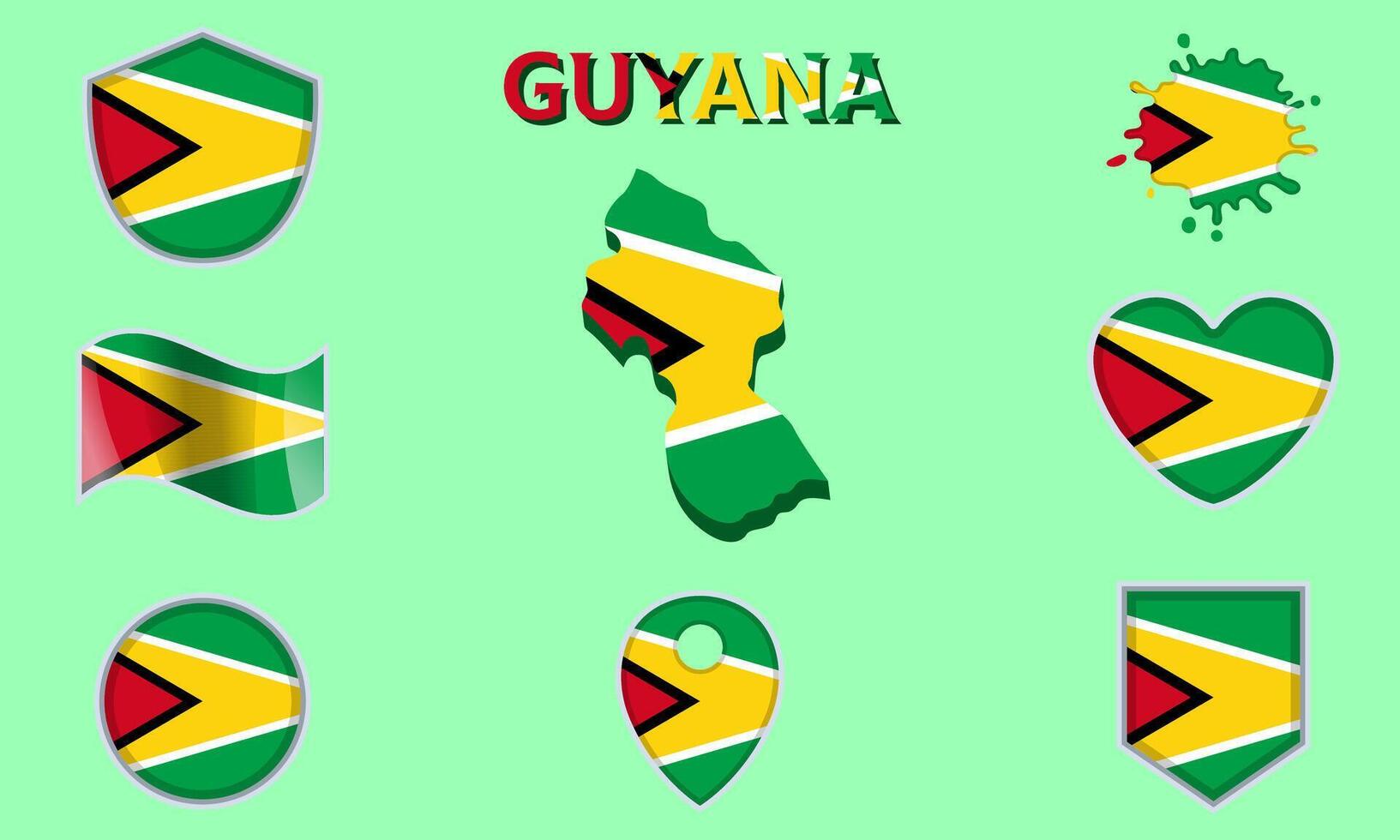 Collection of flat national flags of Guyana with map vector