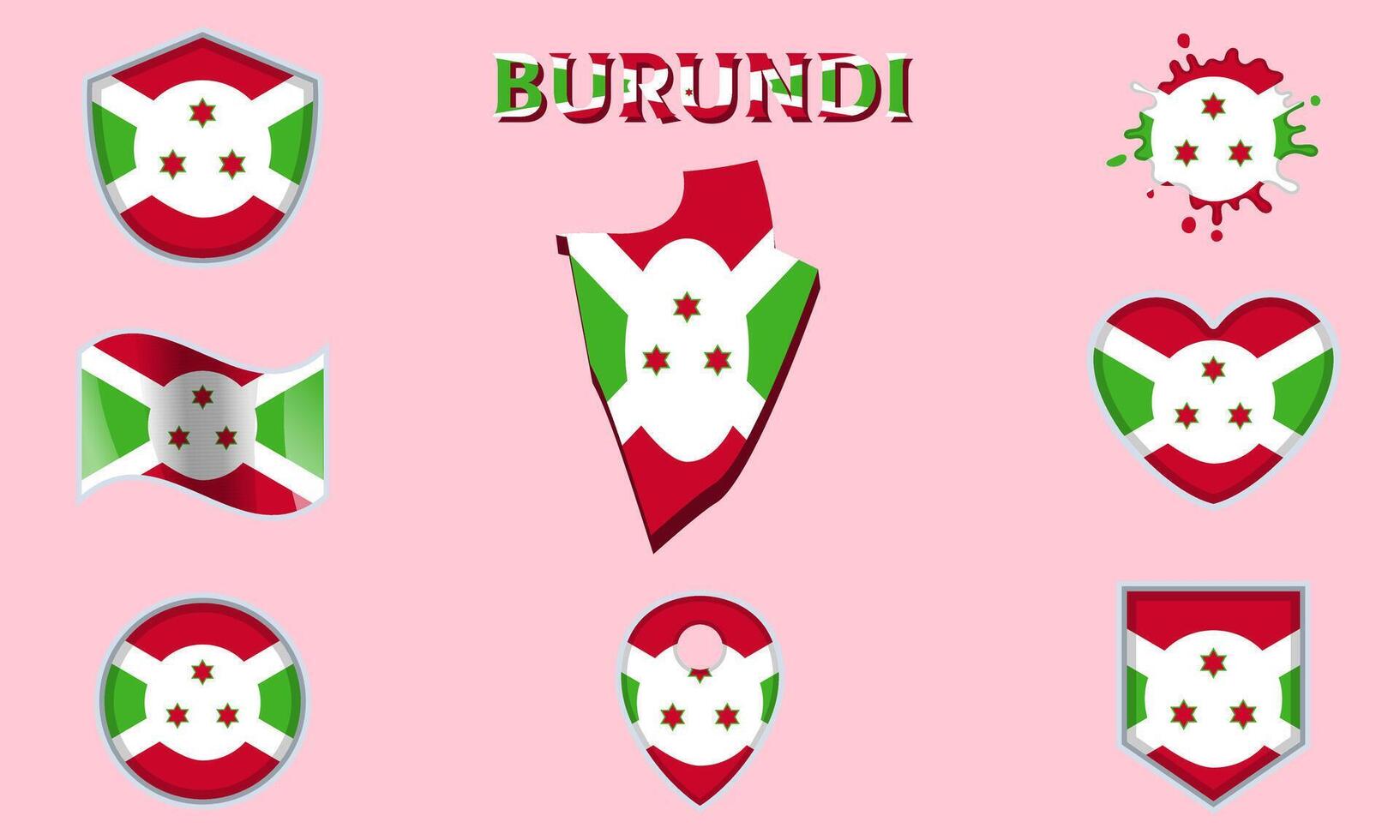 Collection of flat national flags of Burundi with map vector
