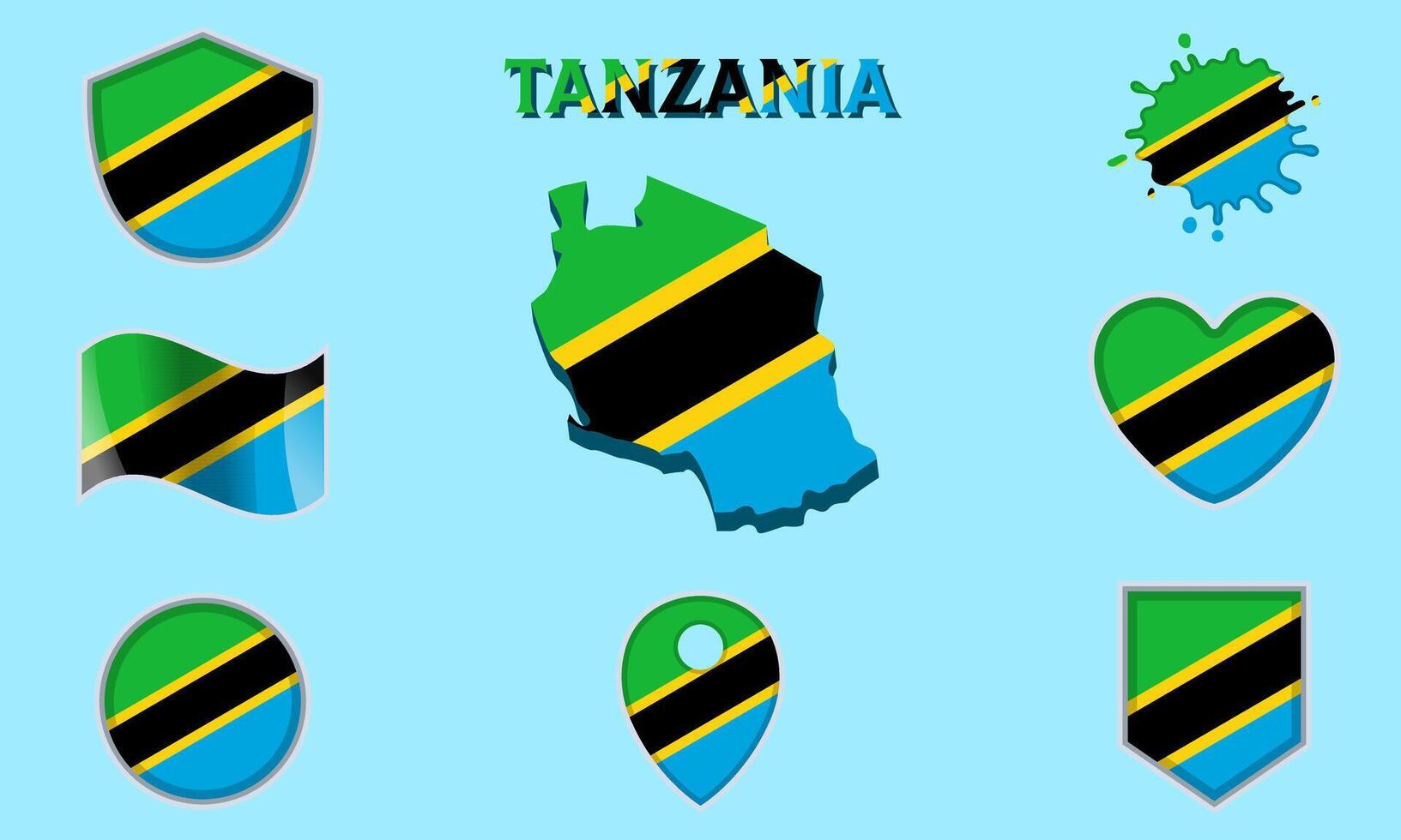 Collection of flat national flags of Tanzania with map vector
