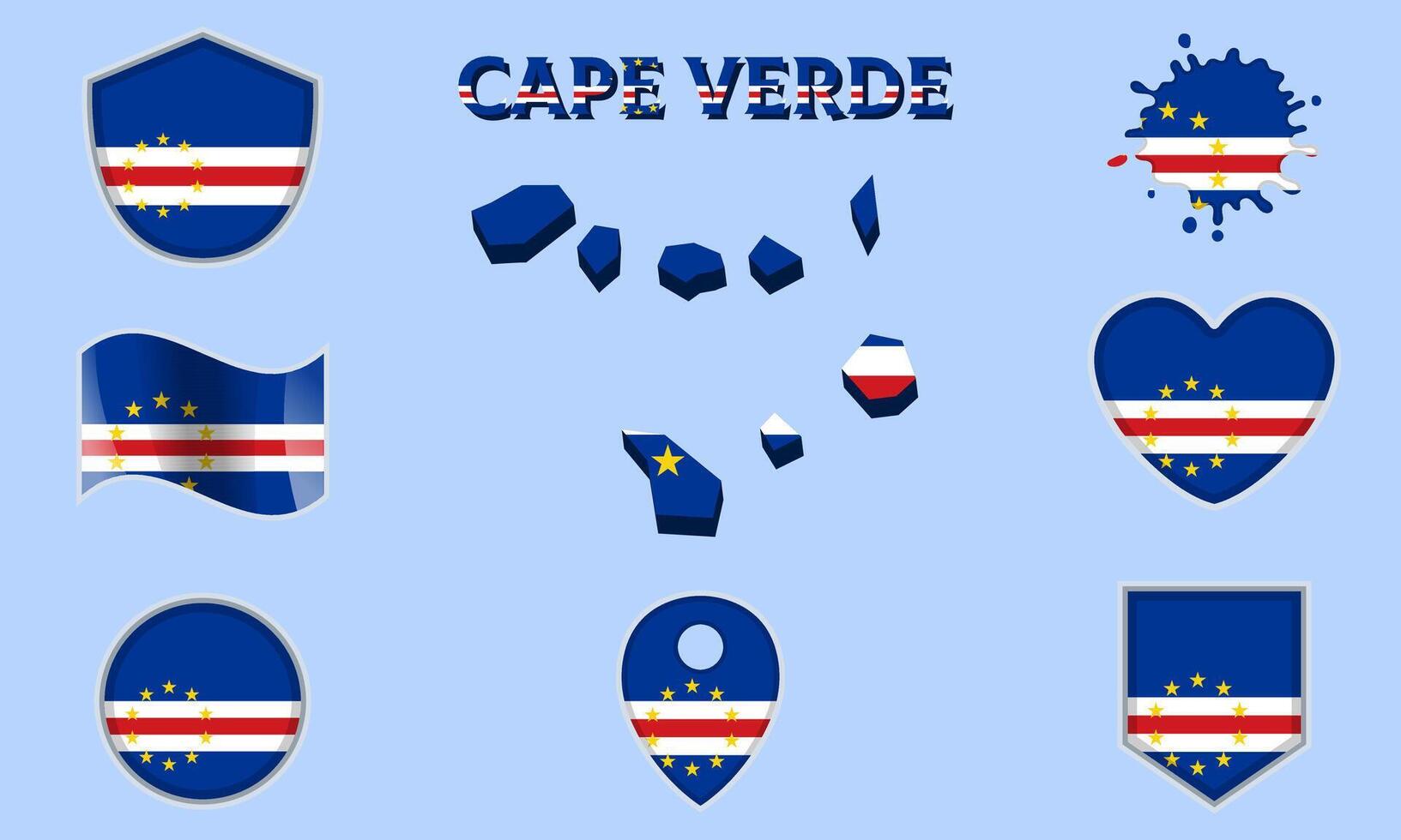 Collection of flat national flags of Cape Verde with map vector