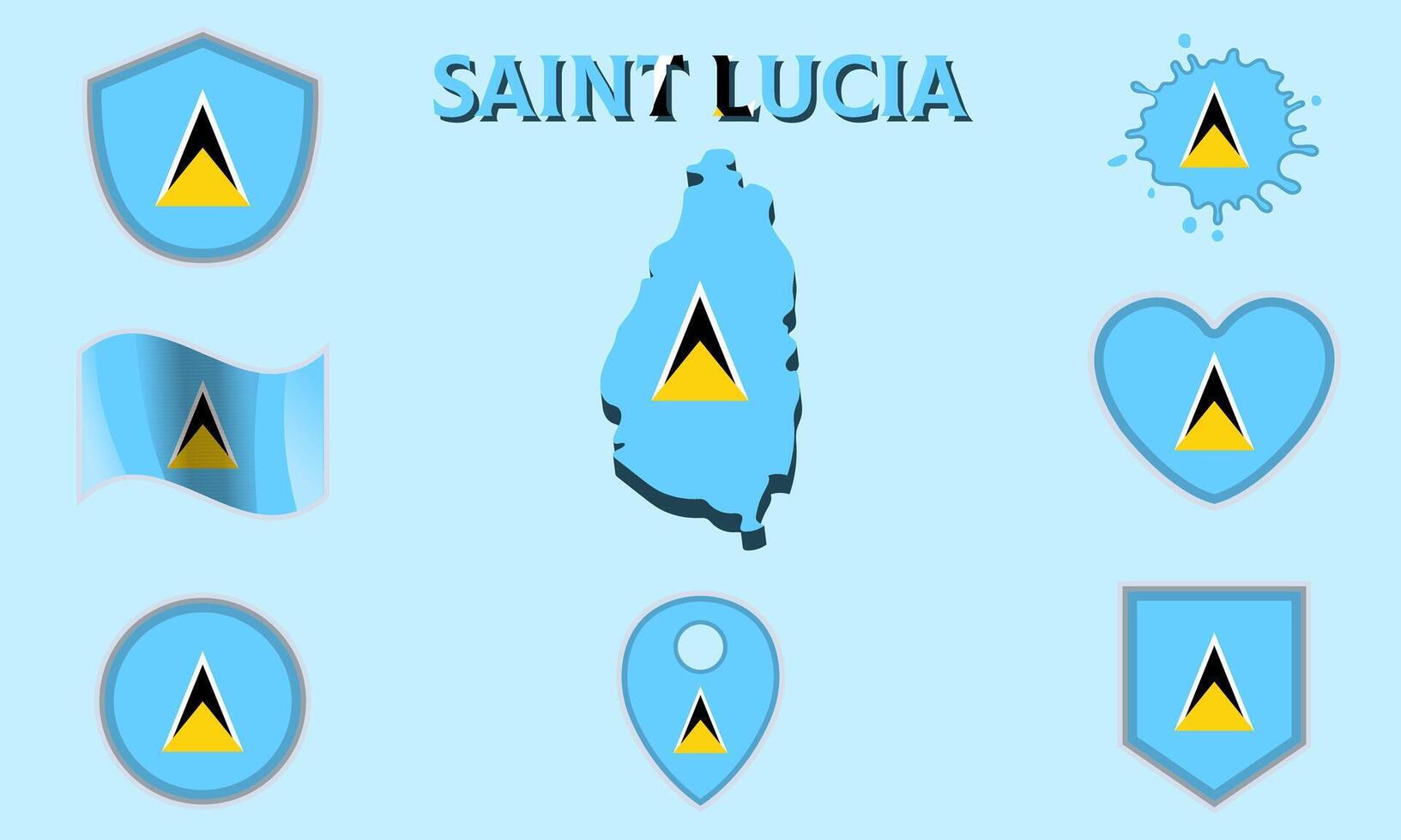 Collection of flat national flags of Saint Lucia with map vector