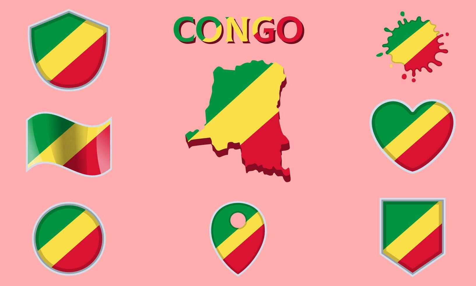 Collection of flat national flags of Congo with map vector
