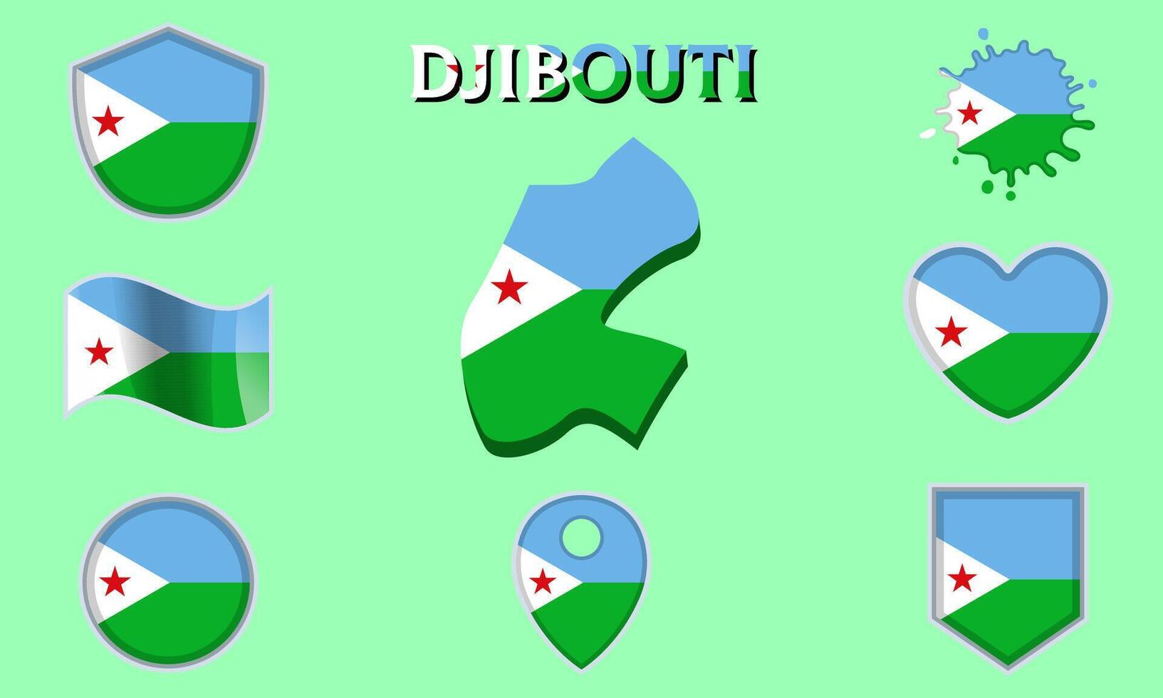 Collection of flat national flags of Djibouti with map vector