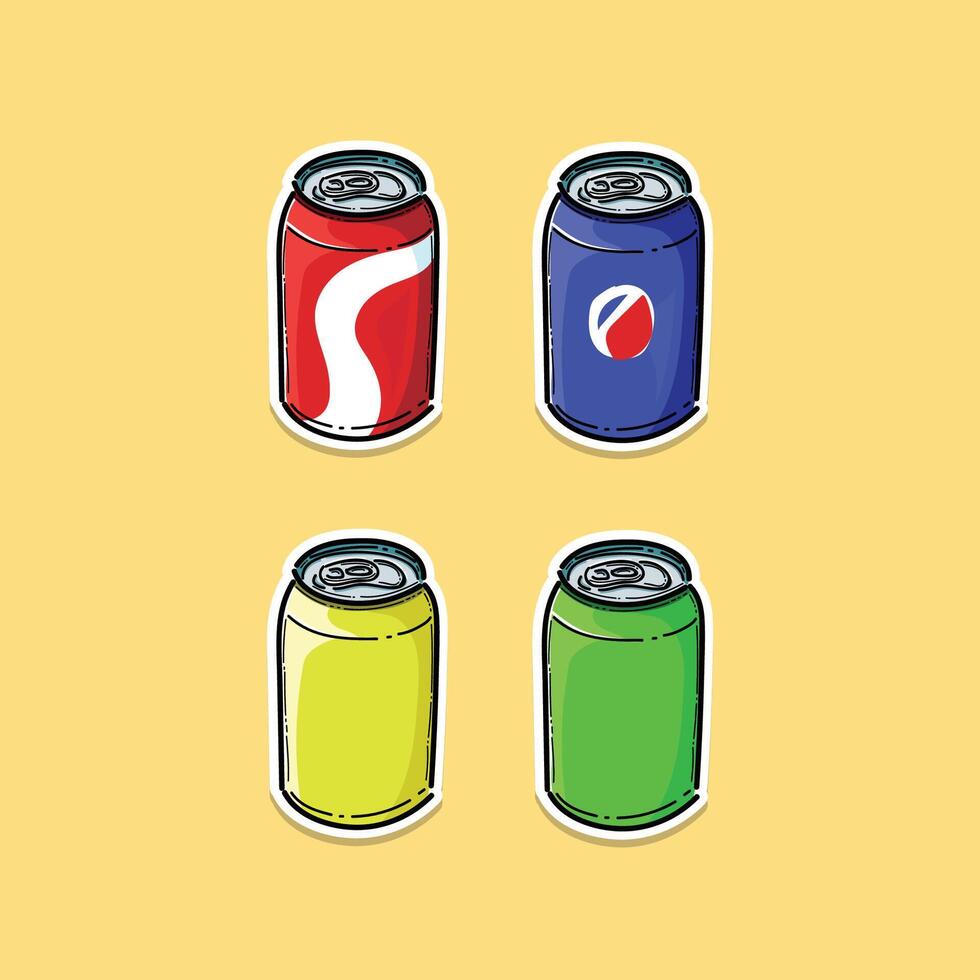 Soda in colored aluminum cans set icons isolated on yellow background. Soft drinks sign. Carbonated non-alcoholic water with different flavors. Drinks in colored packaging. illustration. vector