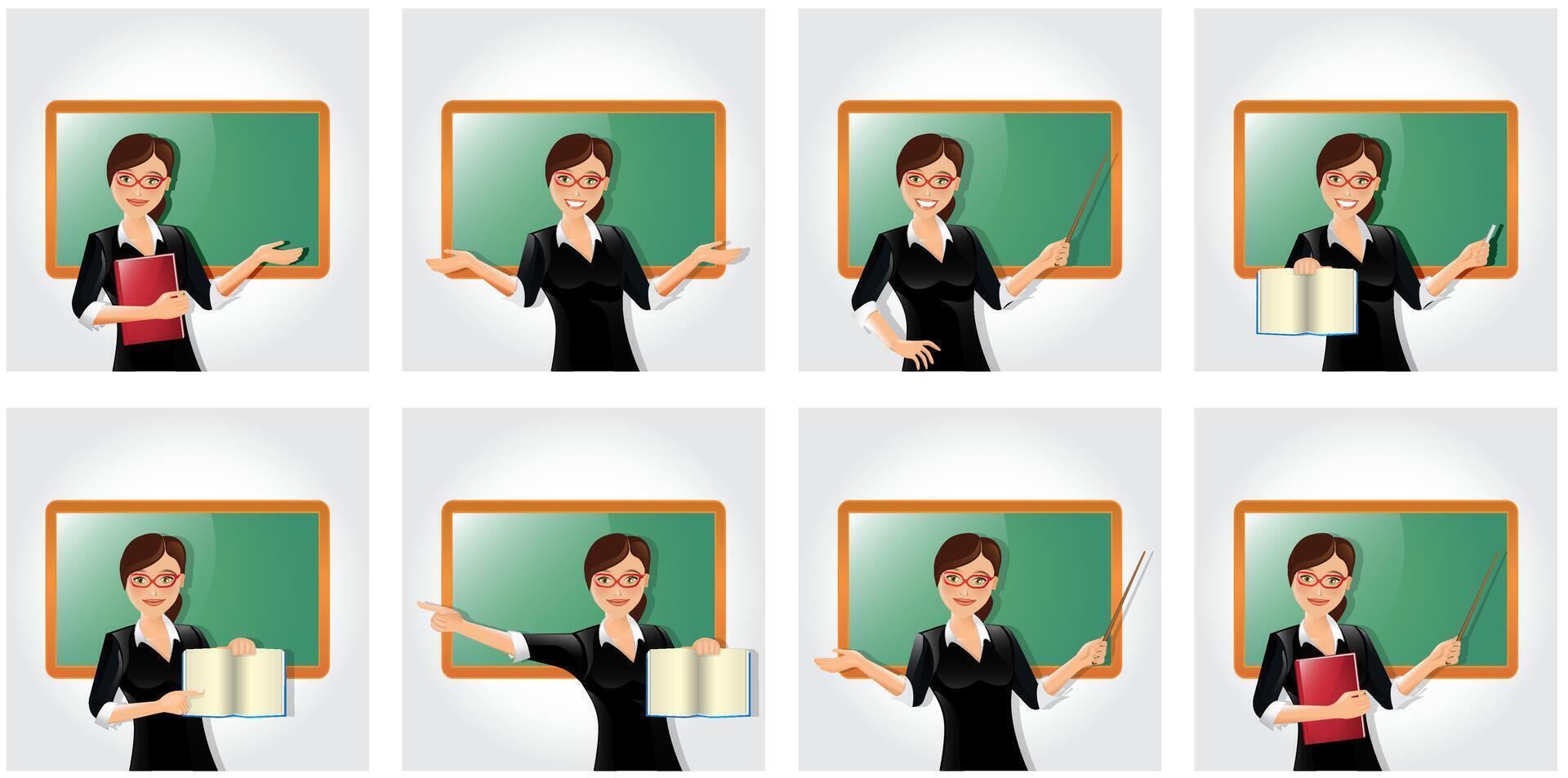 Teacher with different gestures collection, female senior professor, tutor character set, pose sequence. Experienced Young schoolmaster and young education supervisor. different views, gestures, vector