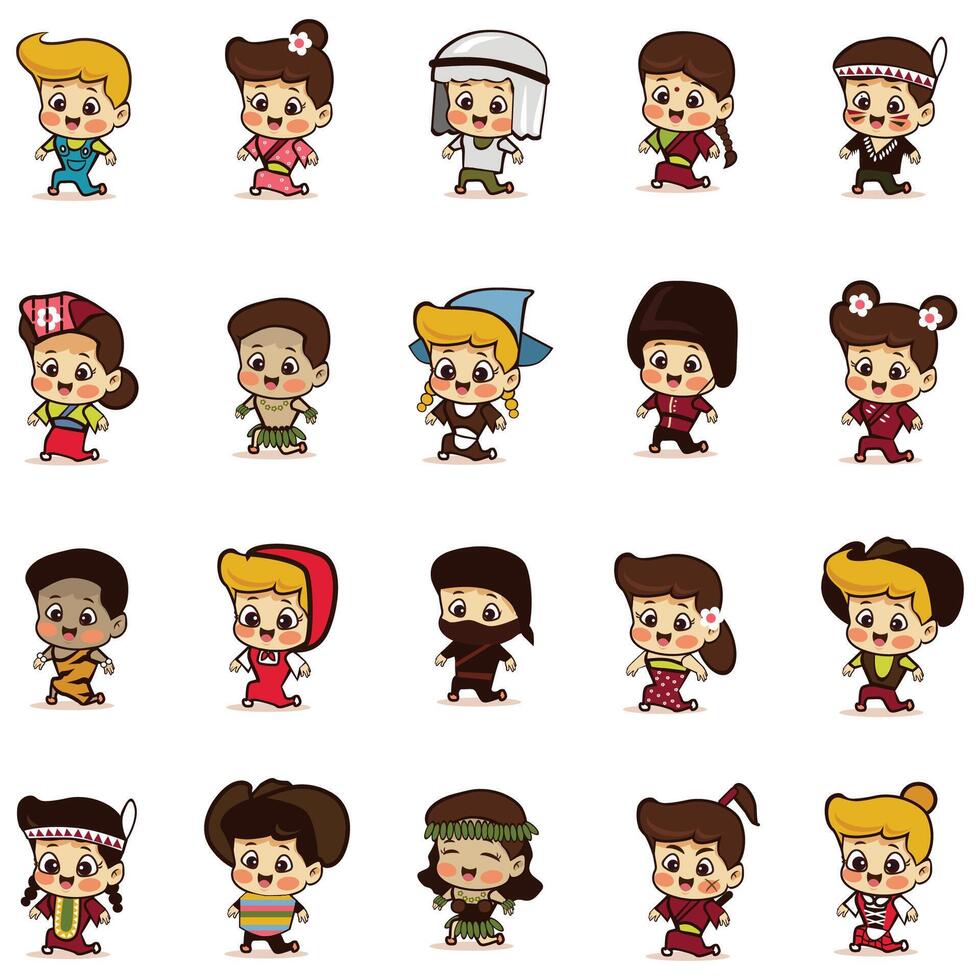 Children in 20 different beautiful costumes from around the world.Set of cartoon characters in traditional costume. Cute people vector