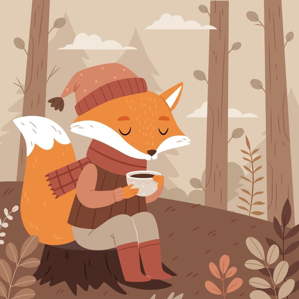 A cute fox in cozy clothes drinks tea, coffee or cocoa in the middle of an autumn forest.Autumn season. illustration. vector