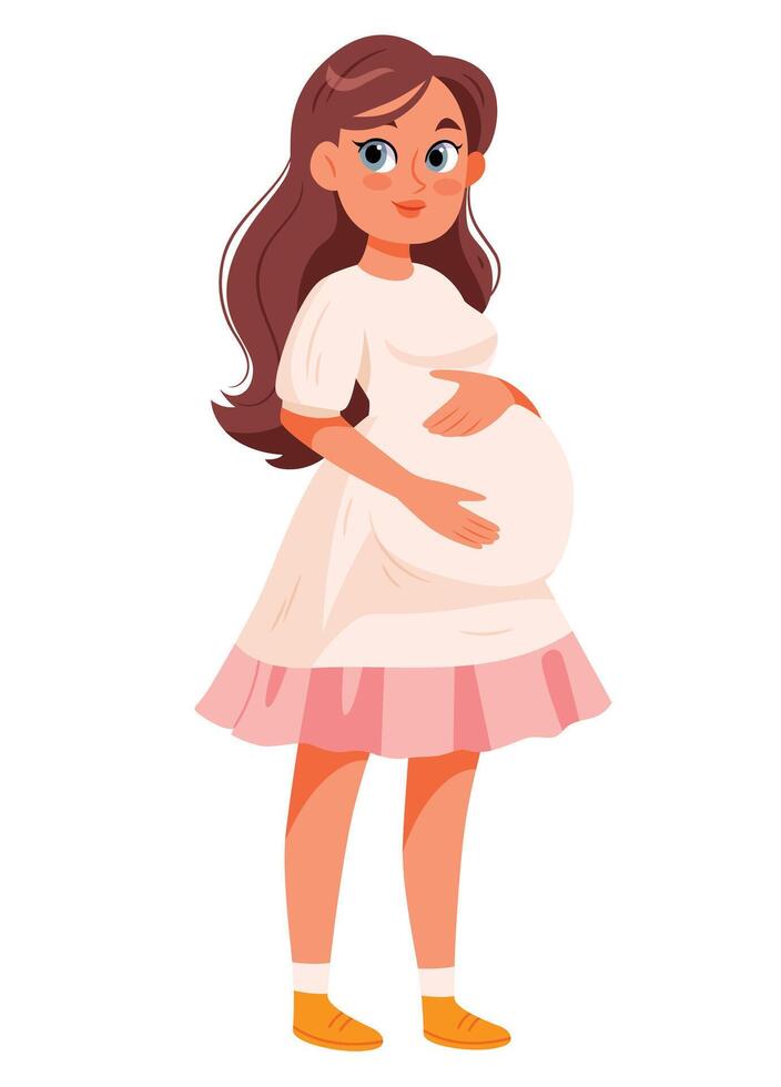 Beautiful pregnant woman in a lush pink dress.The concept of motherhood and family. Pregnancy, goods for preparation for childbirth. vector