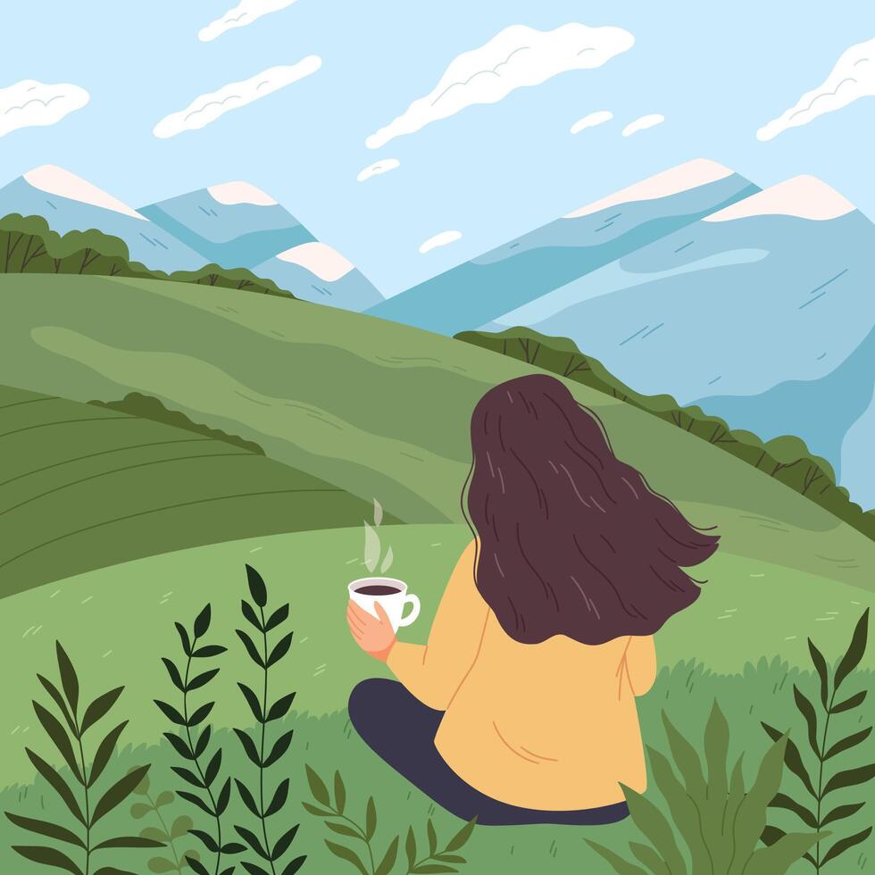 A girl with a cup of coffee, tea sits in nature and looks at the mountains and enjoying peaceful landscape, relaxing.Colored flat illustration of person alone with nature vector
