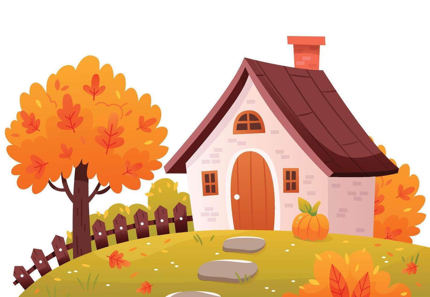 Cute autumn house.Fall season landscape, countryside scenery, autumn mood. Rustic houses, cozy cottages illustration.Cartoon hand draw vector