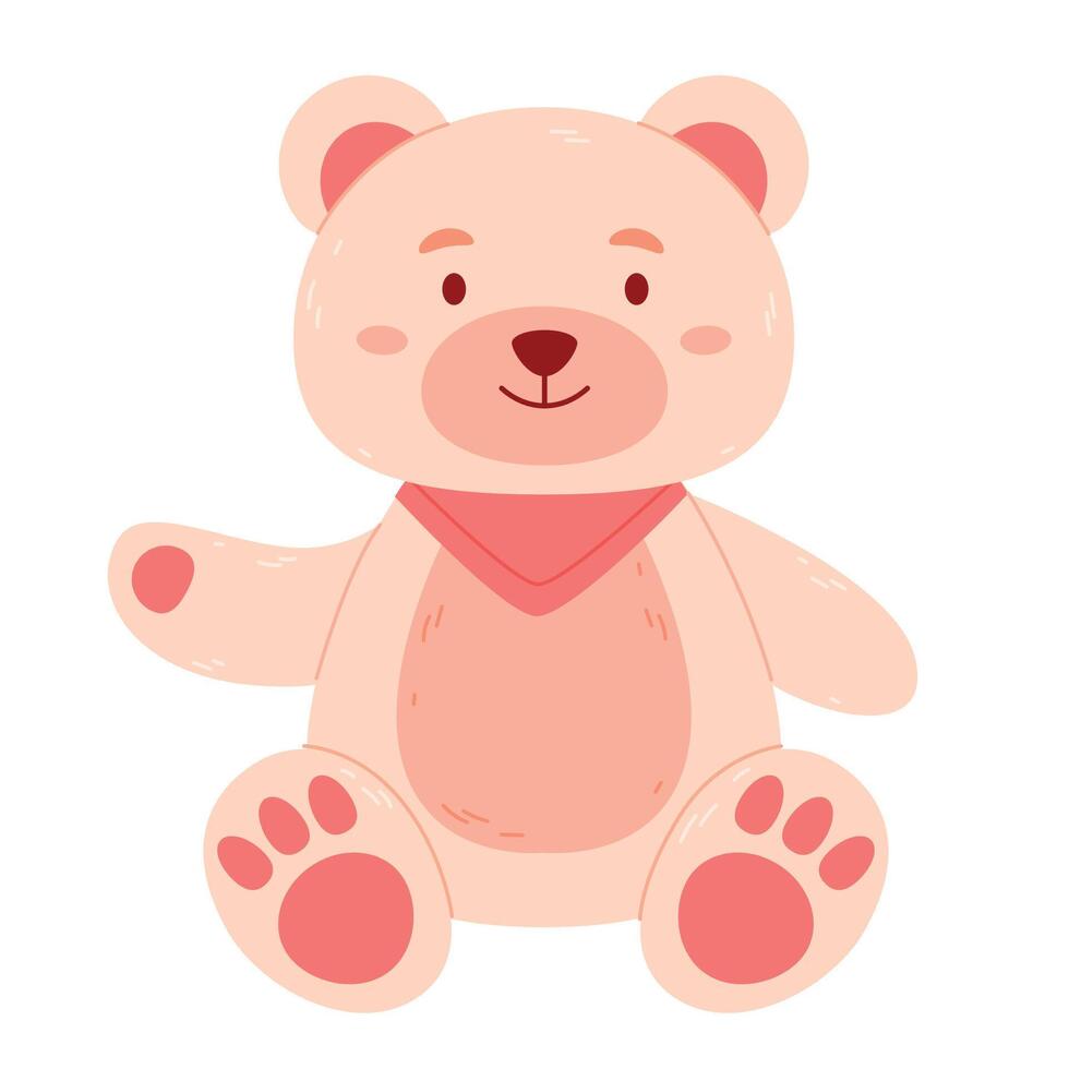 Children's toy teddy bear.Fluffy soft stuffed toys.Beige brown and pink colors. vector