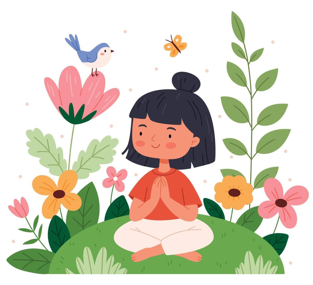 A girl meditates in nature among birds and flowers.Cartoon girl sitting on lounge in lotus position, peaceful landscape with trees. vector