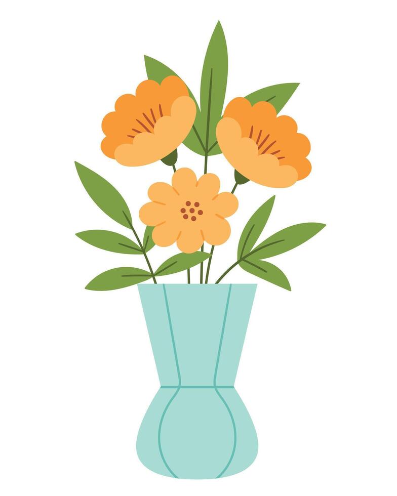 Turquoise vase with yellow flowers.Colored flat textured illustration vector