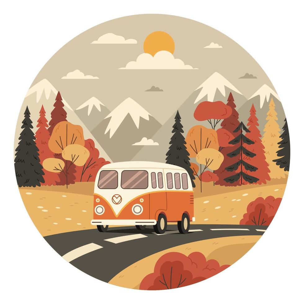 Hippie travel bus goes through the autumn landscape. Round illustration.Road trip concept. illustration in flat style vector