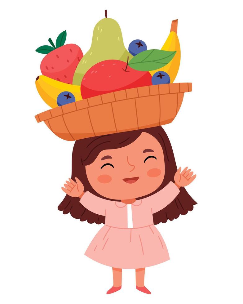 The girl holds a basket of fruits on her head.Flat illustration isolated on white background. vector