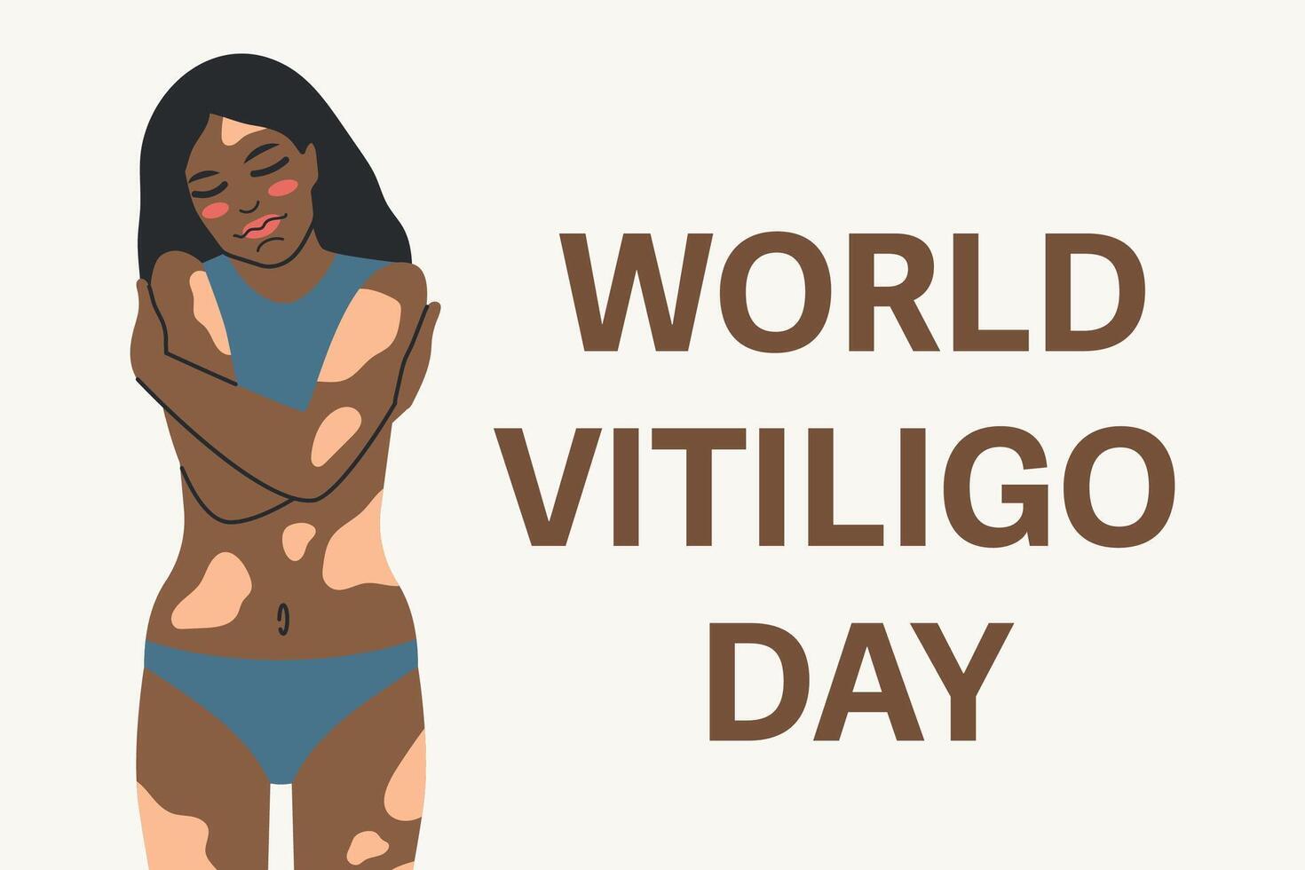 World Vitiligo Day concept, card. Young dark skin girl with vitiligo hugging herself. illustration vector