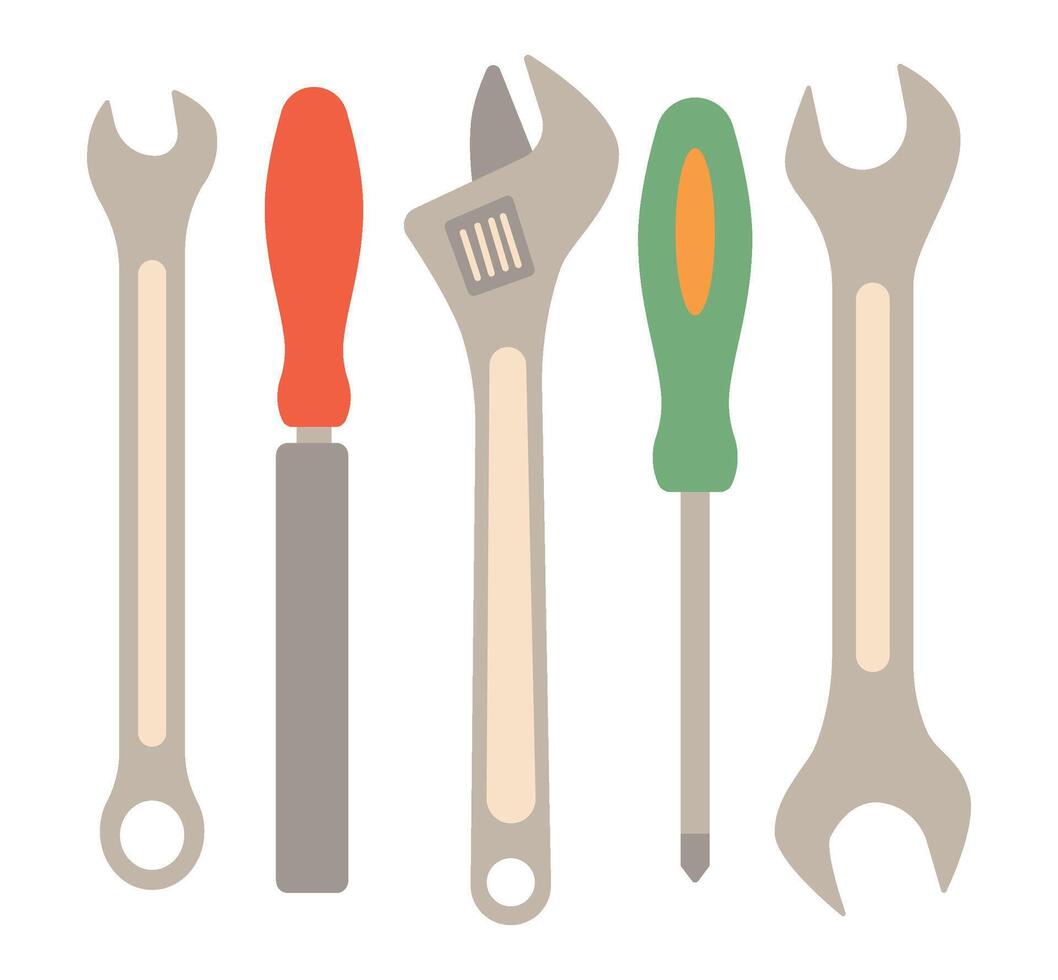 Repair worker tools set. Screwdriver, adjustable wrench, file. Isolated flat illustration. vector