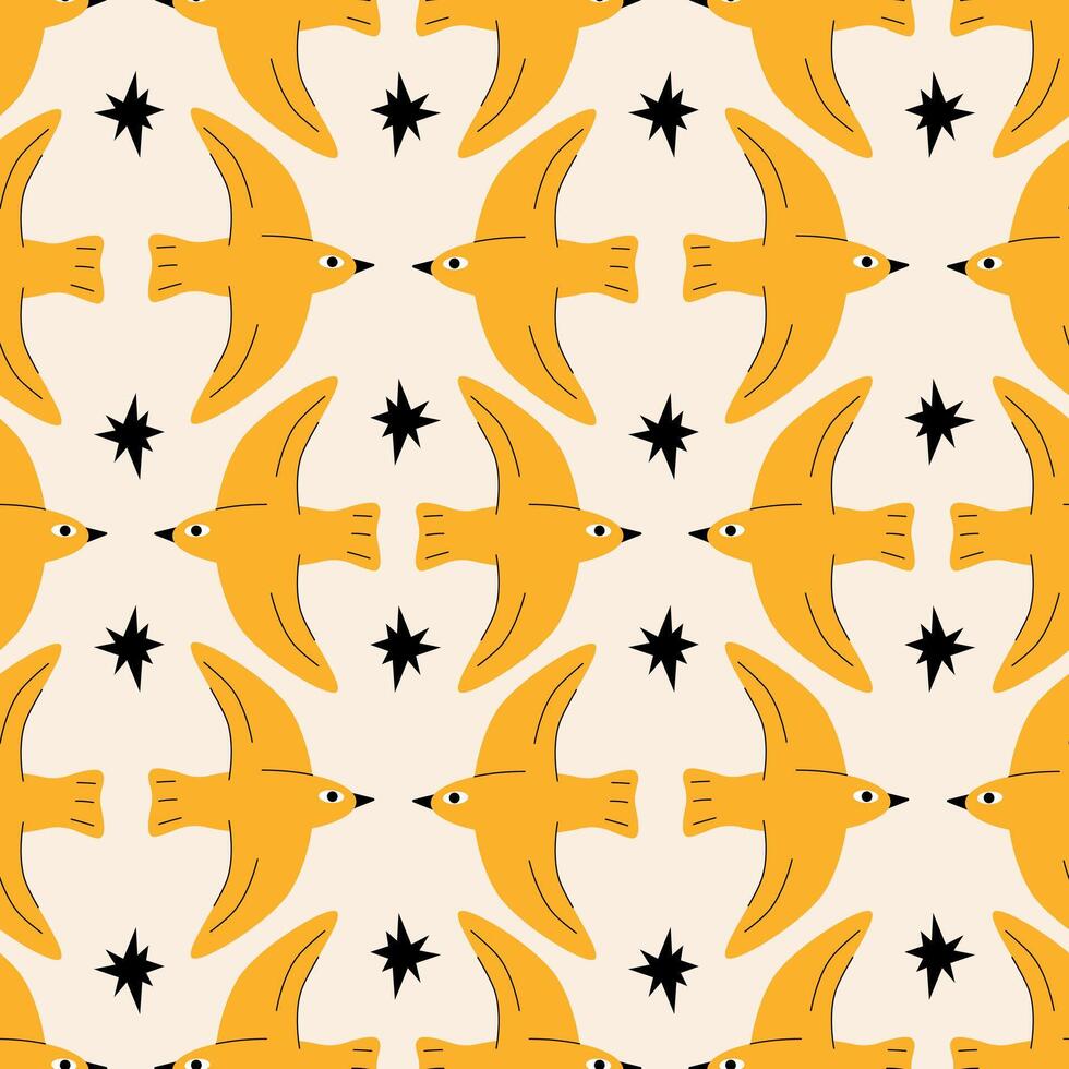 Bird and star seamless pattern. Yellow bird and black stars. illustration for wrapping paper, fabric, cover, case, background. vector