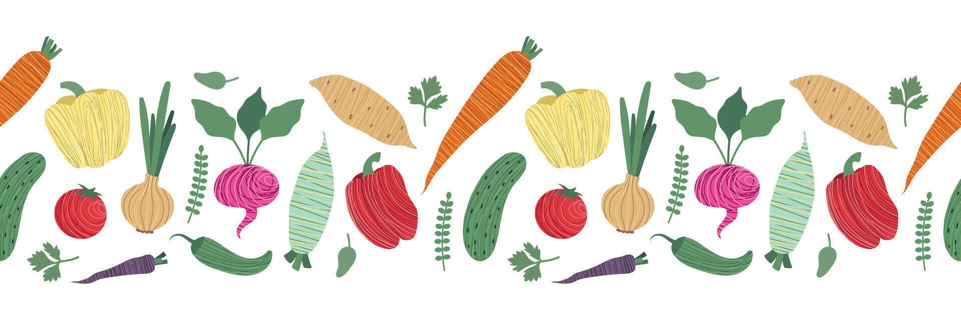 Vegetables seamless border. Harvest time. Carrots, radishes, peppers, sweet potatoes and other vegetables. Isolated illustration for card, background, website vector