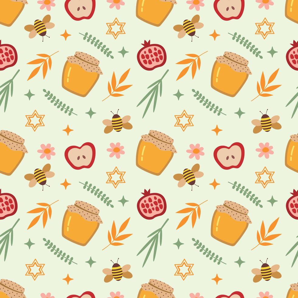 Rosh Hashanah seamless pattern. Bee, honey, apple, pomegranate and star of David on a light green background. illustration for holiday design. vector