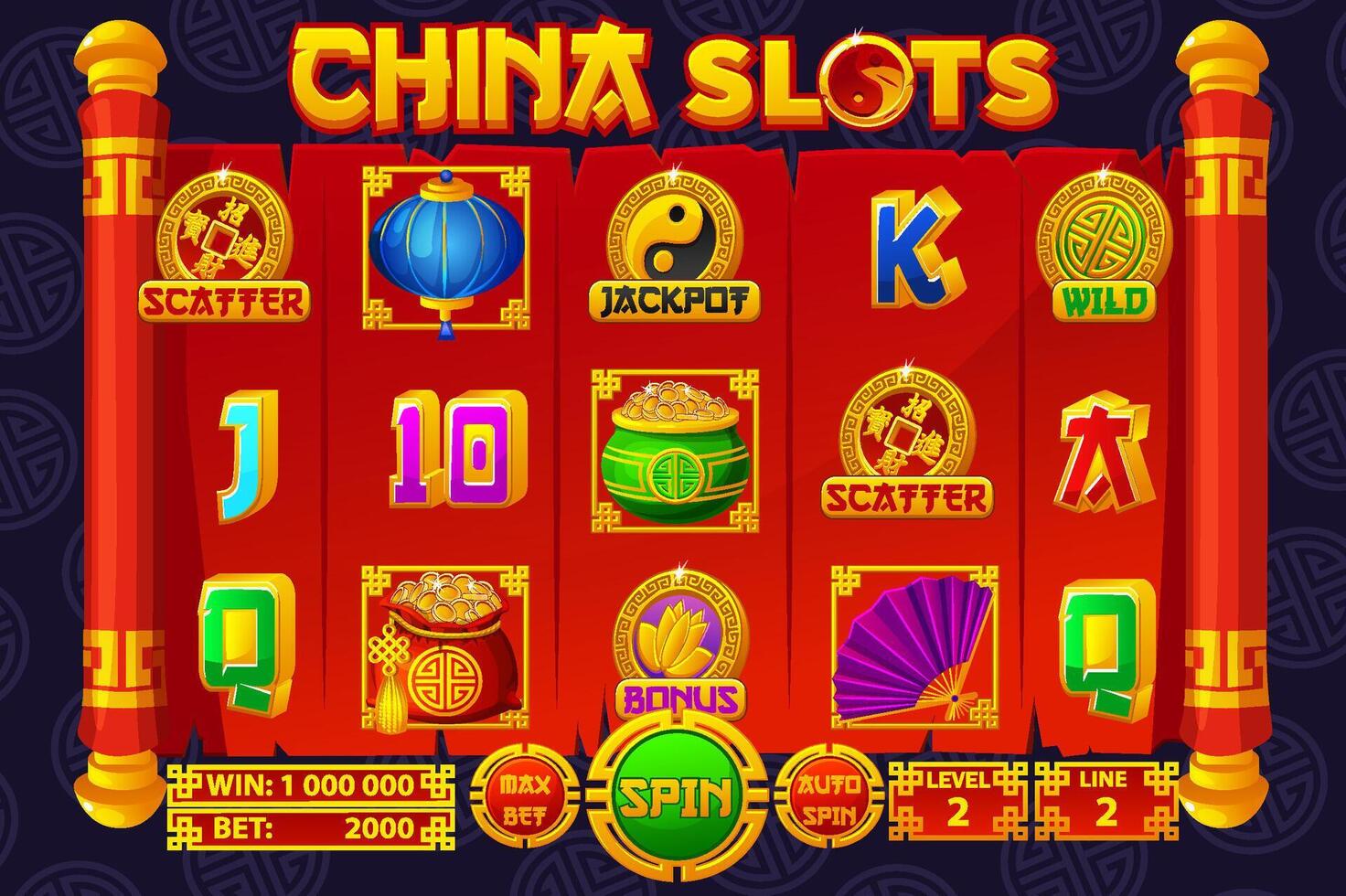 Complete UI for slot games. Chinese-themed Casino Game. Set of 12 Slot symbols. The game user interface is cartoon-style with basic buttons vector