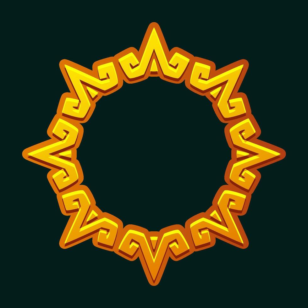Maya golden frame. Aztec solar disk, sun symbol, and diadem, representing the Aztec sun. Empty APP frame for your games or slots vector
