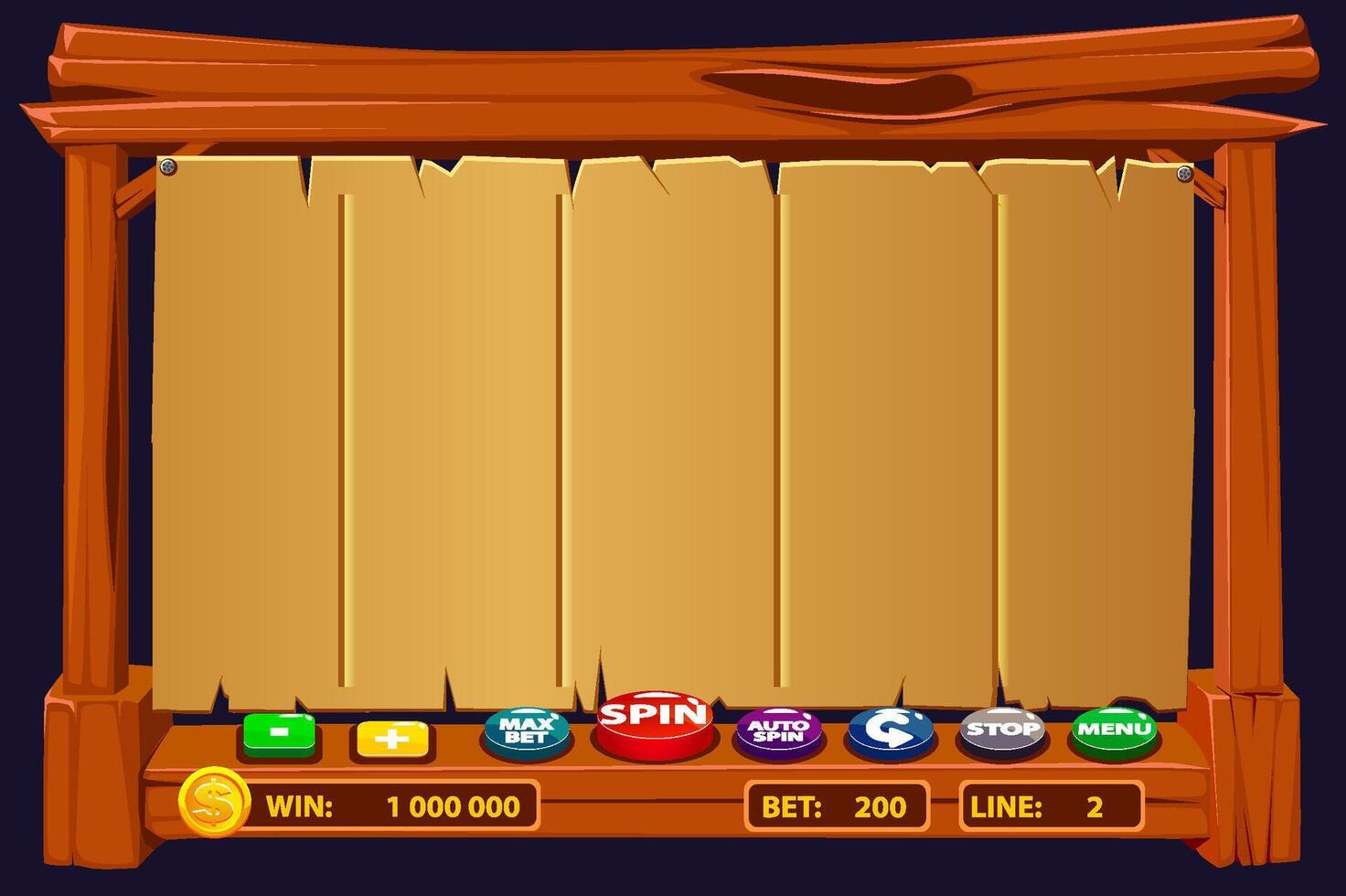 The wooden game user interface is cartoon-style with basic buttons for your designs. Gambling mobile app concept for the Casino or 2D Game vector