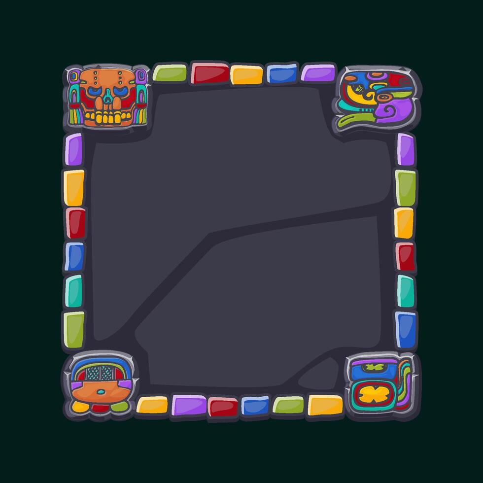 Maya Stone board, Aztec carton game frame. Cartoon Maya tribal symbols. Ancient granite frame design element. UI object isolated. vector