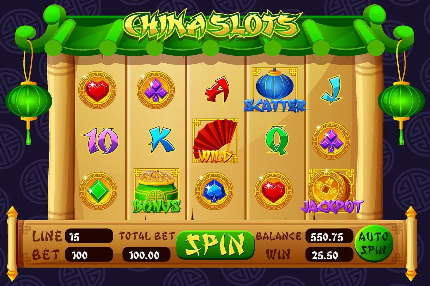 Slot Game Ui for the Chinese-themed Casino Game. Set of 12 Slot symbols. The game user interface is cartoon-style with basic buttons for your designs vector
