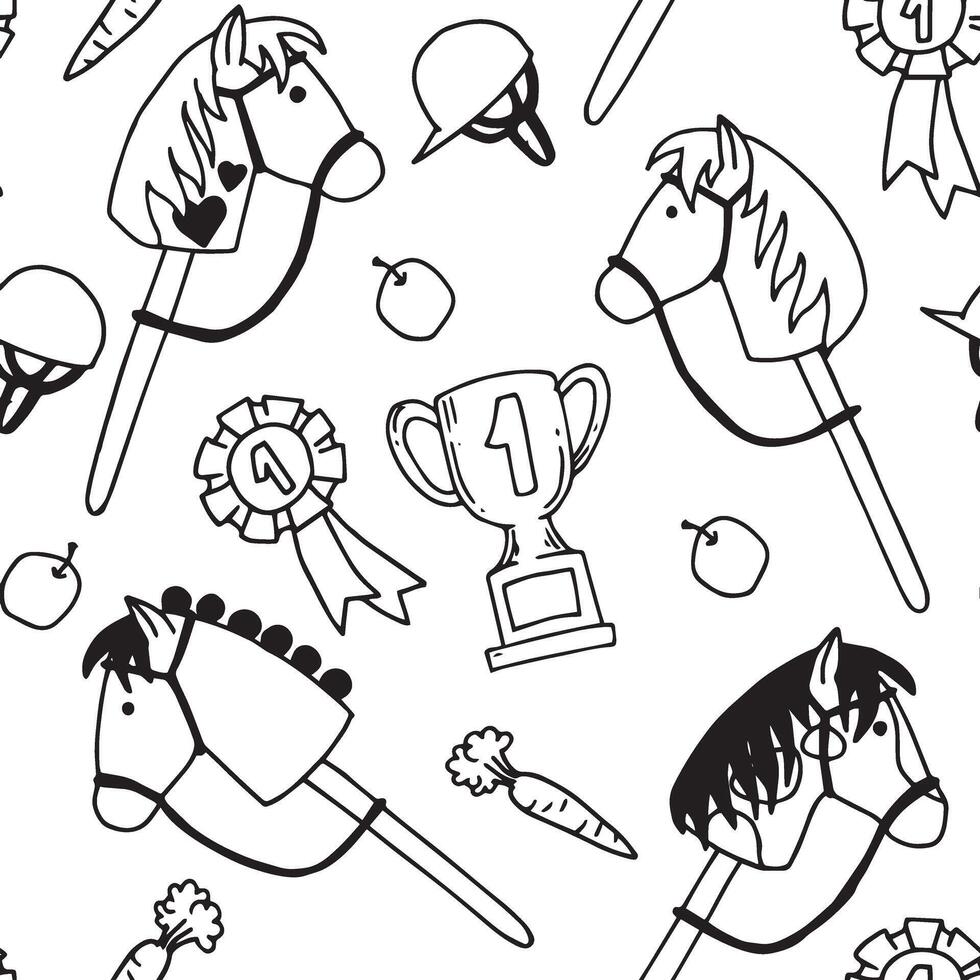 hobby horsing seamless pattern. cute doodle style print with a toy horse. vector