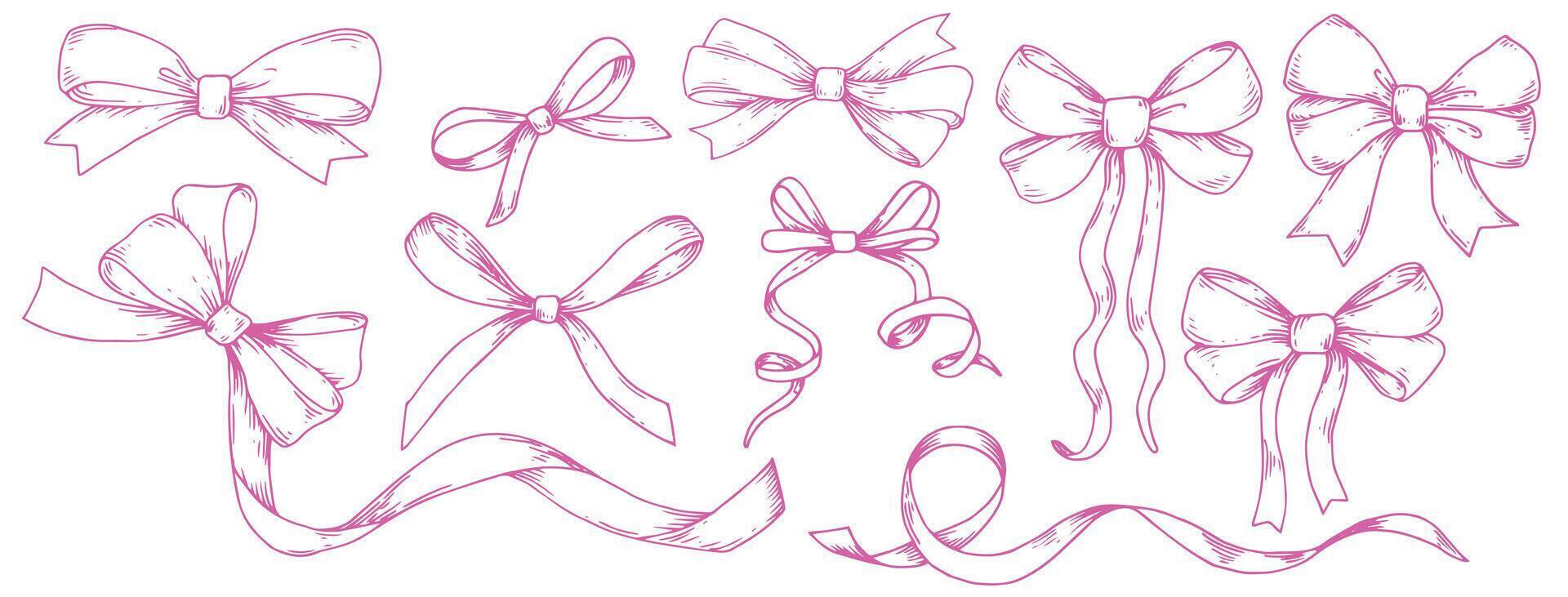 set of illustrations in sketch style. bows, silk ribbon. symbol of the fight against breast cancer, femininity vector
