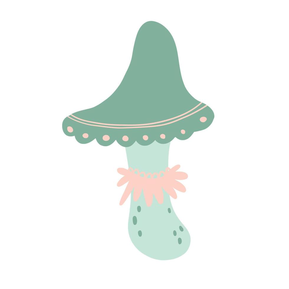 Illustrated whimsical green mushroom with a scalloped cap and dotted details. Botanical drawing in a cute, cartoon style, perfect for nature-inspired designs, autumn themes, and whimsical artwork vector