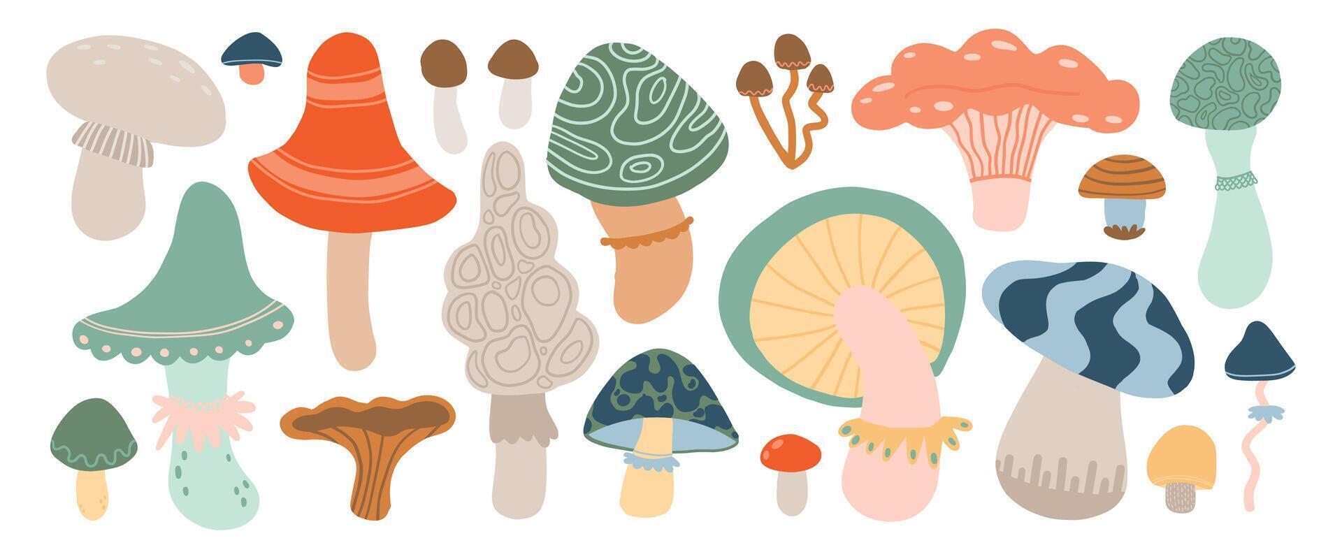 Whimsical mushroom illustrations in various colors and shapes on a white background, cartoon art vector