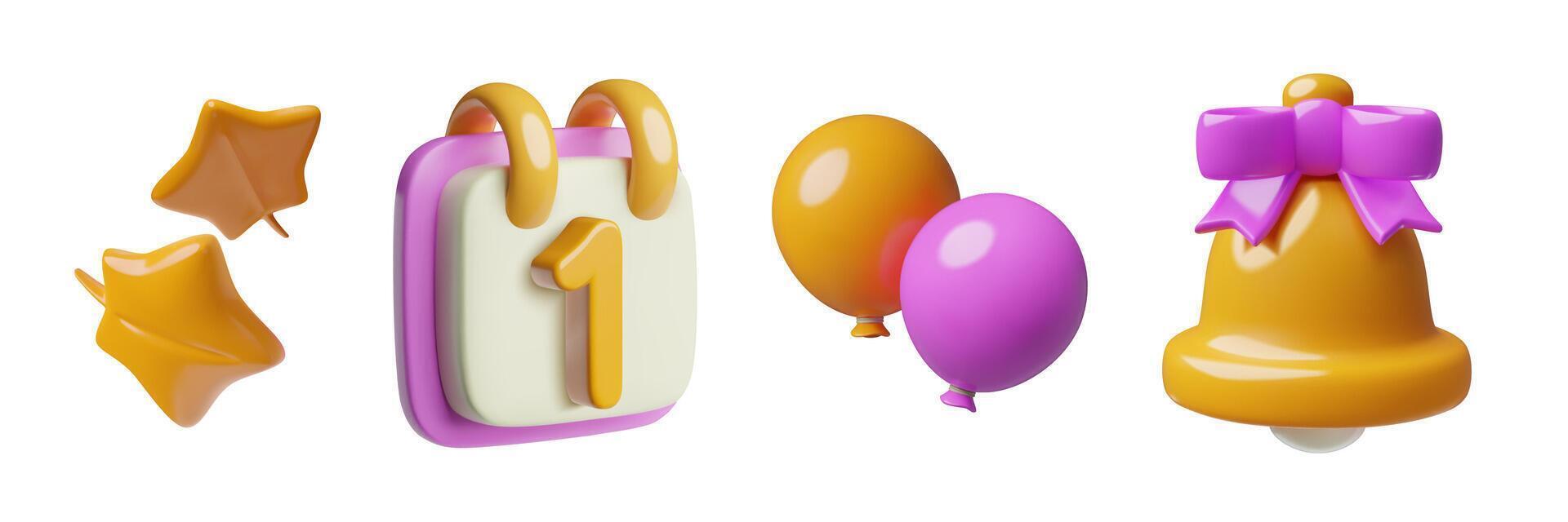 Back to school 3d realistic icons set. Calendar, school bell, balloons and autumn leaves cute emoji vector