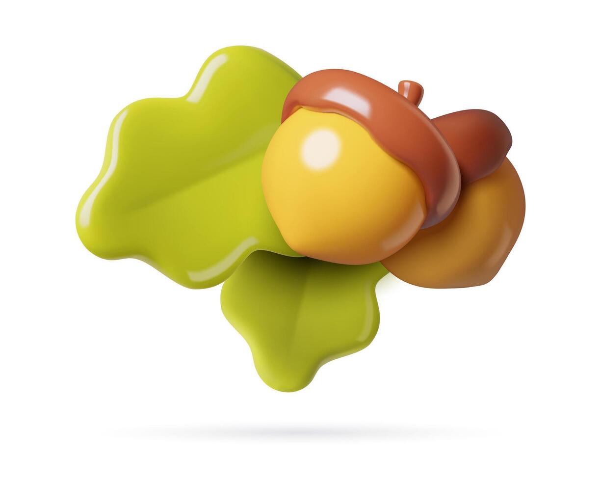 Oak branch 3d icon with acorns and leaves cute minimal autumn botanical element vector