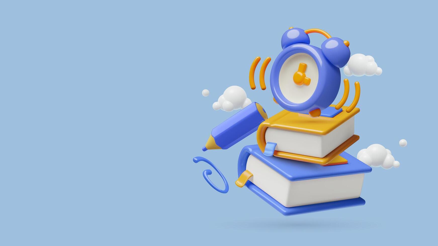 Educational 3d background with books stack, alarm clock, pen flying in clouds vector