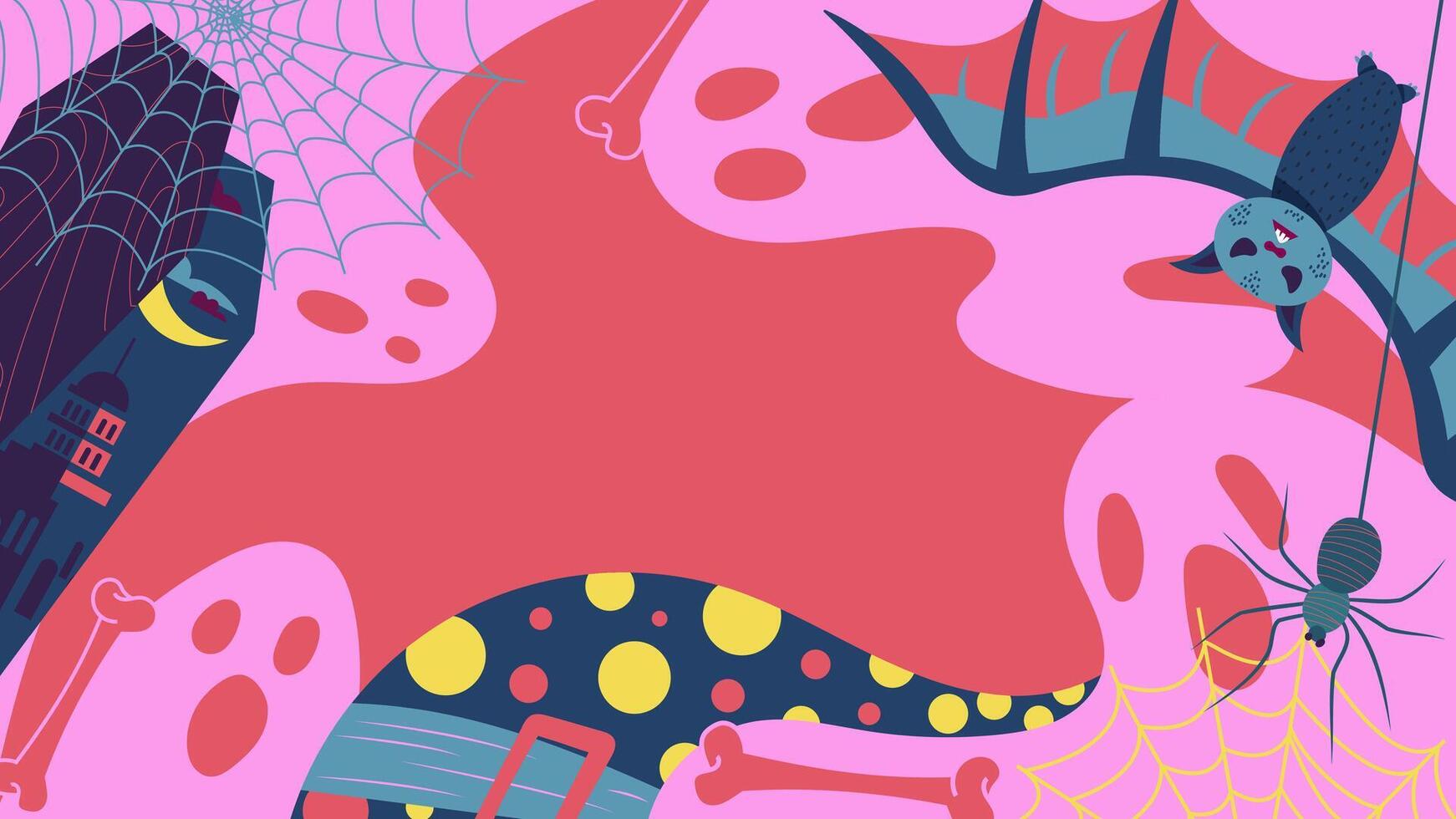 A Halloween celebration background featuring a coffin, wizard, and ghosts of bats and spiders vector